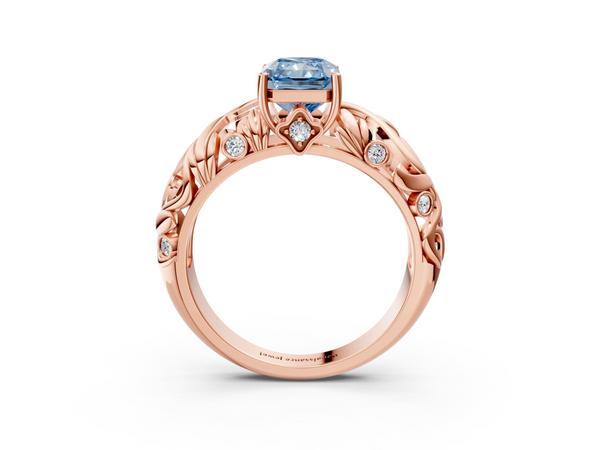 Rose gold Fancy Blue Radiant Cut Solitaire Diamond Leaf-Inspired Vine Band Ring with Prong Setting
