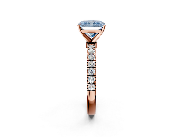 Rose gold Fancy Blue Radiant Cut Diamond Solitaire Ring with Pavé Accents and Four-Prong Setting