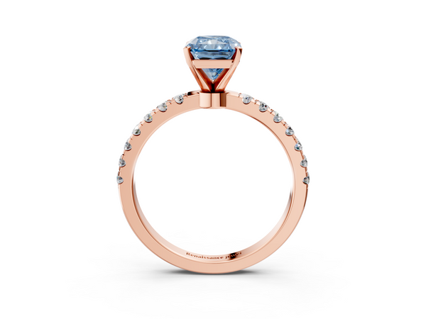 Rose gold Fancy Blue Radiant Cut Diamond Solitaire Ring with Pavé Accents and Four-Prong Setting