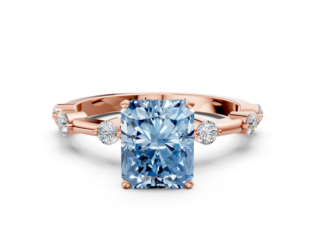 Rose gold Fancy Blue Radiant  Solitaire Diamond Ring with Bezel Set Side Stones and Prong Setting_3