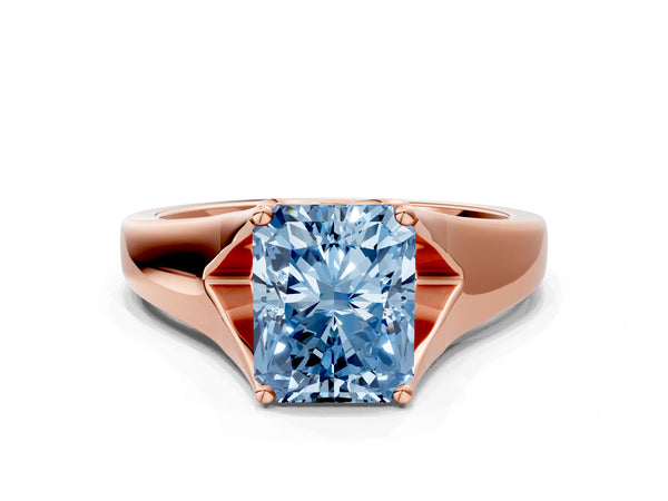 Rose gold Fancy Blue Radiant  Solitaire Diamond Ring with Cathedral Band and Four-Prong Setting