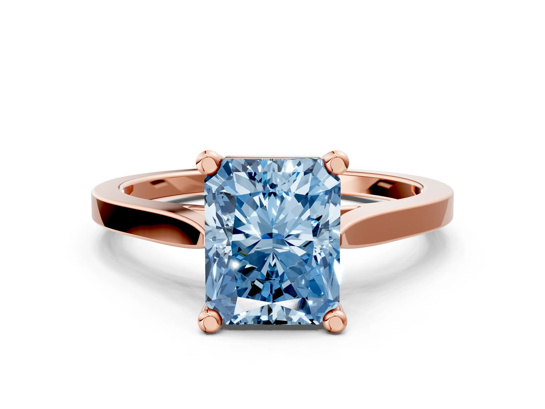 Rose gold Fancy Blue Radiant  Solitaire Diamond Ring with Four-Prong Setting and Tapered Band 1