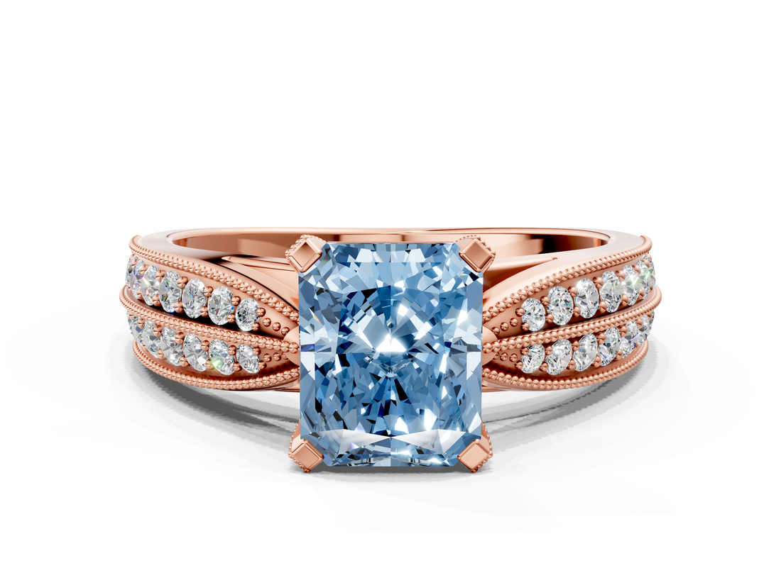Rose gold Fancy Blue Radiant  Solitaire Diamond Ring with Milgrain Pavé Band and Four-Prong Setting_36