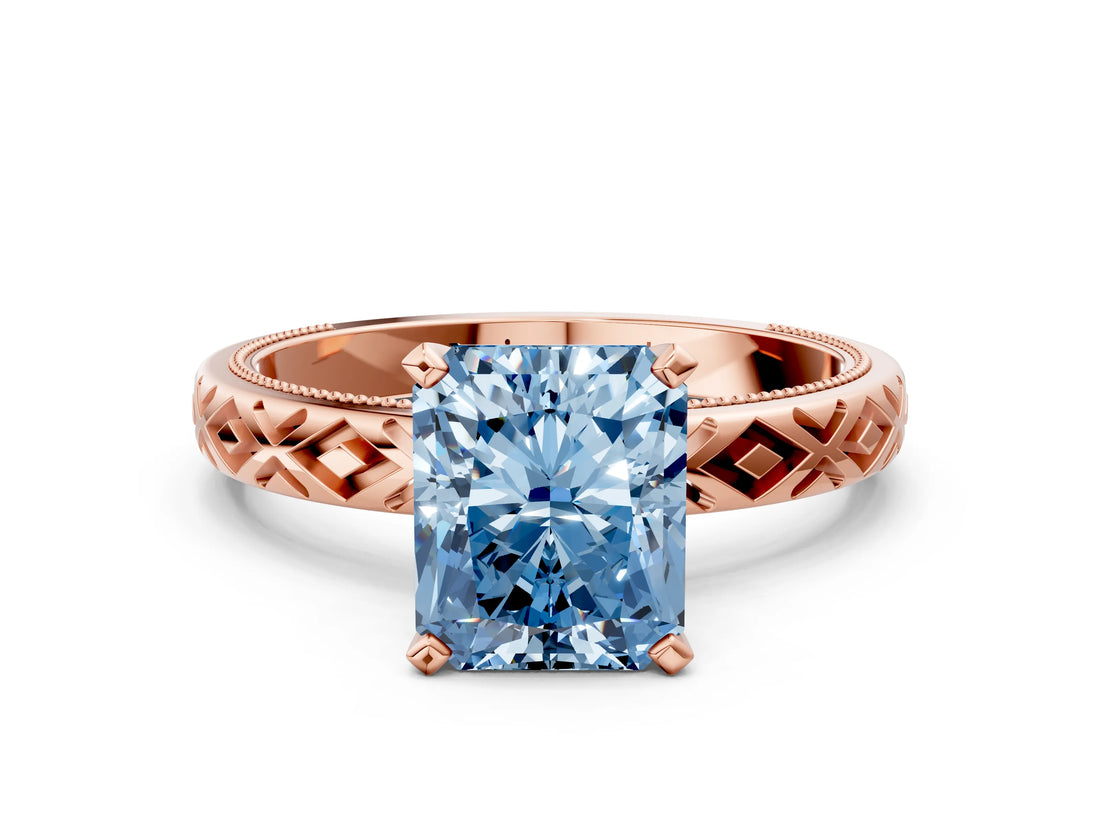 Rose gold Fancy Blue Radiant  Solitaire Diamond Ring with Milgrain and Black Enamel X Pattern Band_219