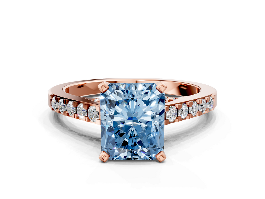 Rose gold Fancy Blue Radiant  Solitaire Diamond Ring with Pavé Band and Four-Prong Setting_80