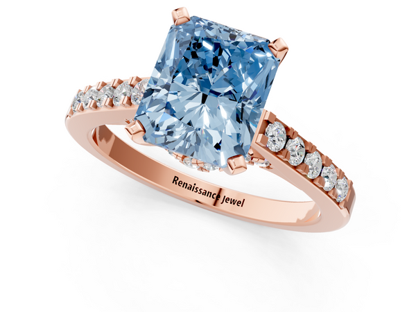 Rose gold Fancy Blue Radiant  Diamond Solitaire Ring with Pavé Band and Prong Setting