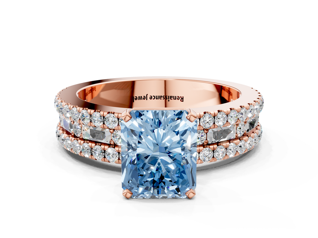 Rose gold Fancy Blue Radiant  Solitaire Diamond with Pave and Channel Set Band_59