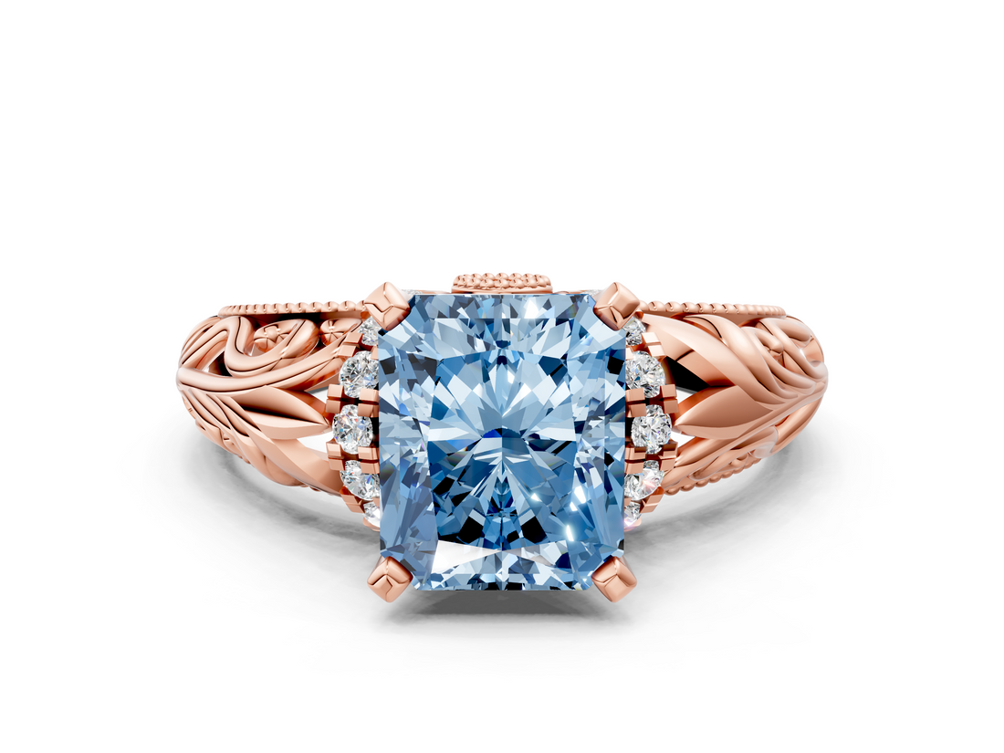 Rose gold Fancy Blue Radiant  Solitaire Filigree Engagement Ring with Halo and Prong Setting_68