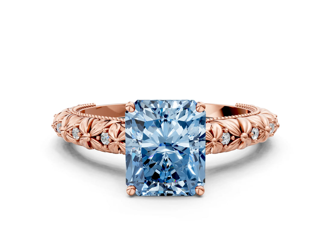 Rose gold Fancy Blue Radiant  Solitaire Floral Milgrain Engagement Ring_31