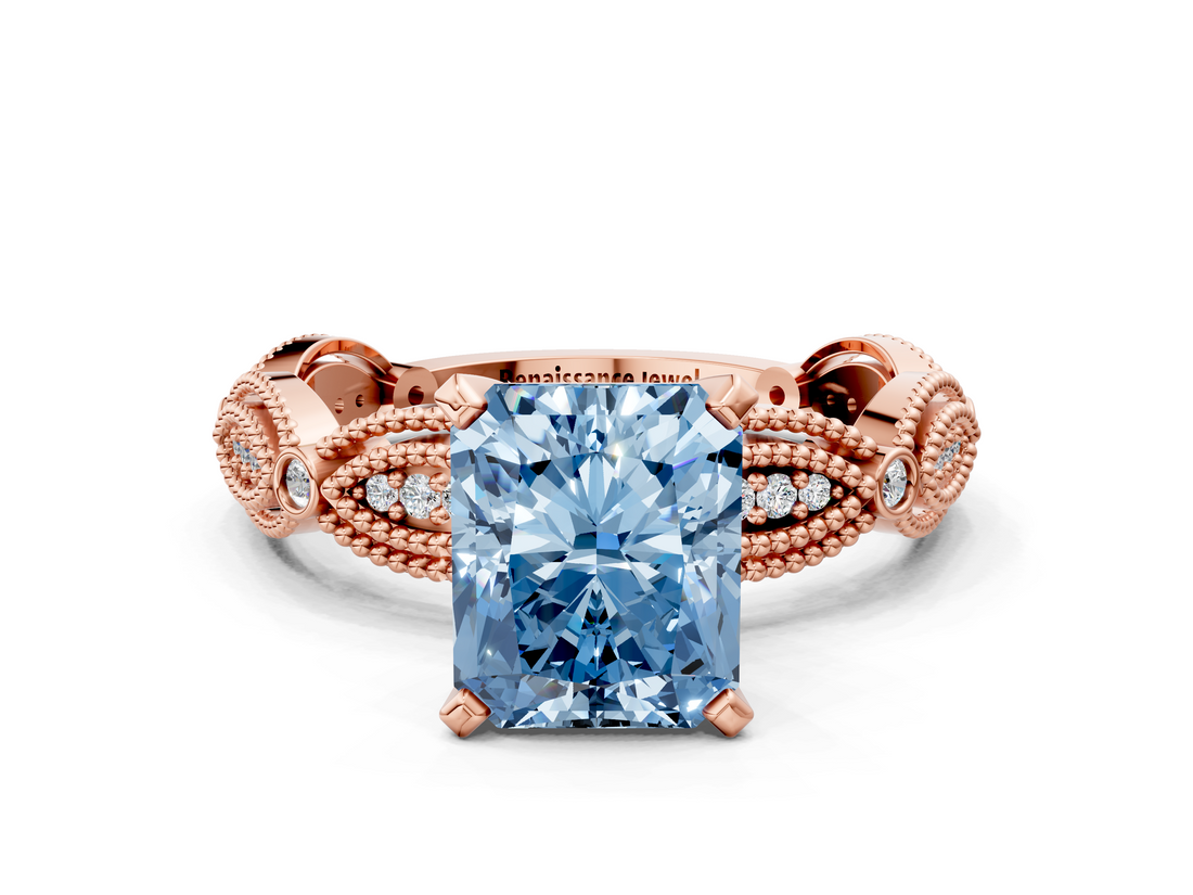 Rose gold Fancy Blue Radiant  Solitaire Milgrain Diamond Engagement Ring with Bezel and Marquise Band_126