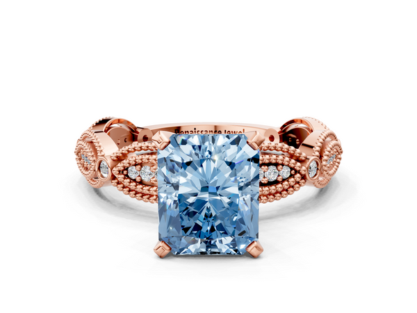 Rose gold Fancy Blue Radiant  Solitaire Milgrain Diamond Engagement Ring with Bezel and Marquise Band