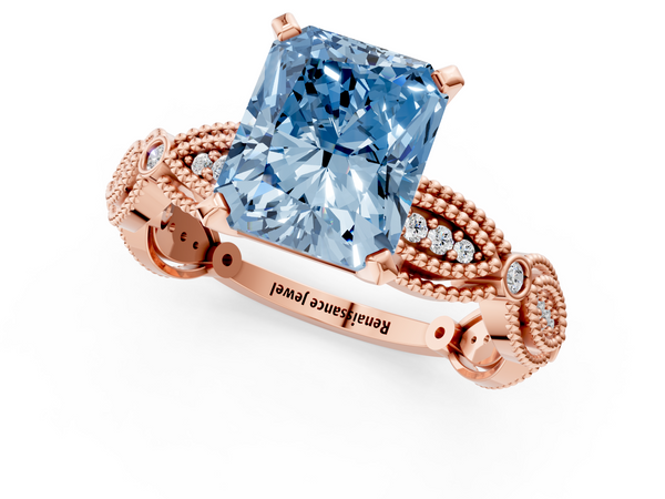 Rose gold Fancy Blue Radiant  Solitaire Milgrain Diamond Engagement Ring with Bezel and Marquise Band