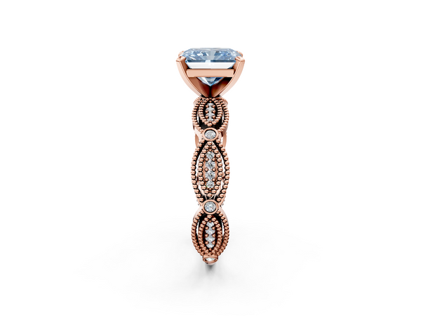 Rose gold Fancy Blue Radiant  Solitaire Milgrain Diamond Engagement Ring with Bezel and Marquise Band