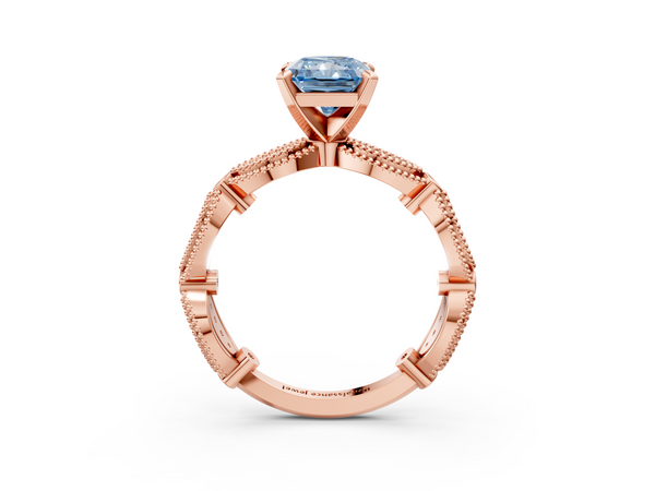 Rose gold Fancy Blue Radiant  Solitaire Milgrain Diamond Engagement Ring with Bezel and Marquise Band