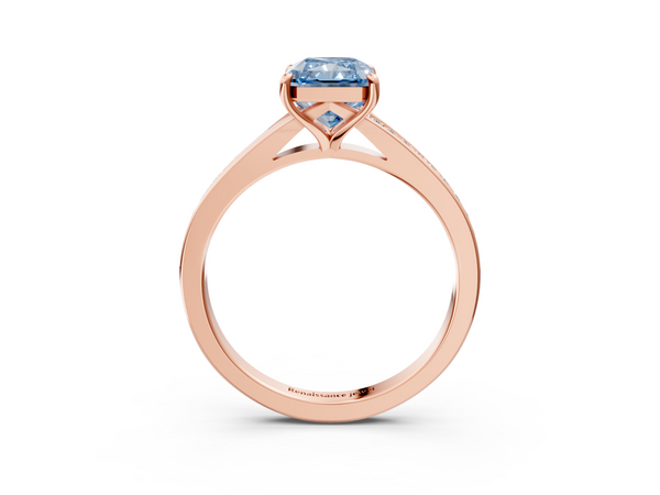 Rose gold Fancy Blue Radiant Cut Diamond Solitaire Ring with Pavé Band and Prong Setting