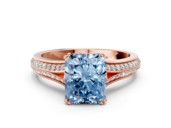 Rose gold Fancy Blue Radiant Cut Diamond Split Shank Engagement Ring with Pavé Band
