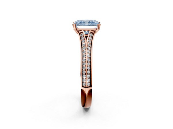 Rose gold Fancy Blue Radiant Cut Diamond Split Shank Engagement Ring with Pavé Band