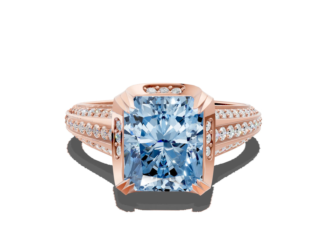 Rose gold Fancy Blue Radiant  Solitaire Pave Split Shank Ring with Four-Prong Setting_81