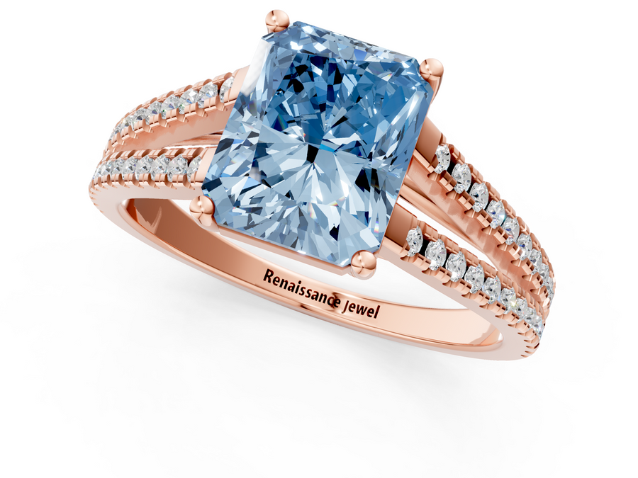 Rose gold Fancy Blue Radiant Cut Diamond Solitaire Engagement Ring with Split Shank Pavé Band