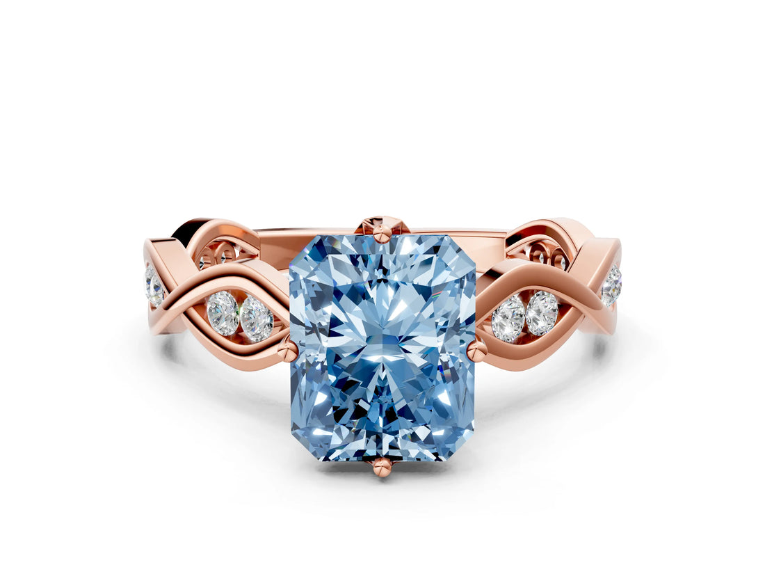 Rose gold Fancy Blue Radiant  Solitaire Twist Band with Leaf Prong Setting