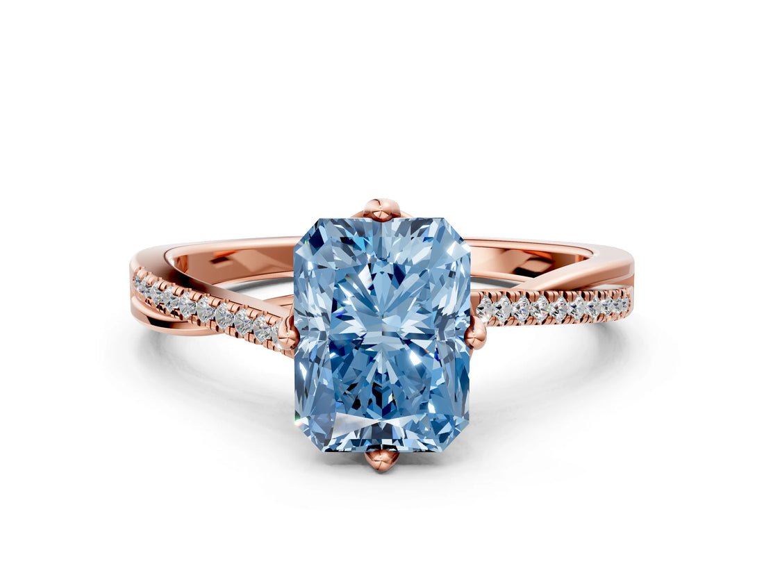 Rose gold Fancy Blue Radiant  Solitaire Twist Band with Pavé Diamonds and Four-Prong Setting_53