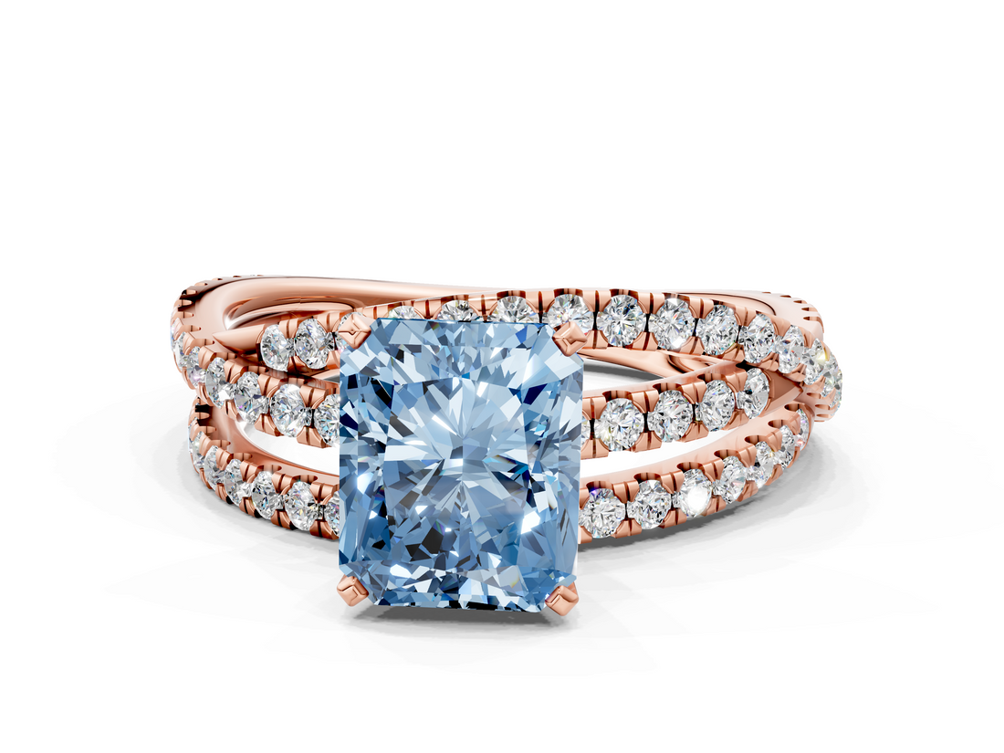 Rose gold Fancy Blue Radiant  Solitaire Twist Band with Pavé Setting and Four-Prong Setting_112