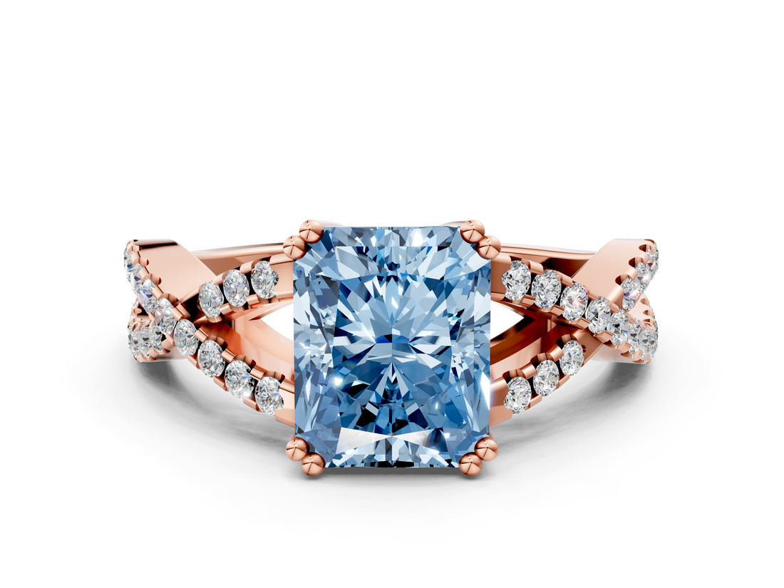 Rose gold Fancy Blue Radiant  Solitaire Twist Band with Pavé Setting and Four-Prong Setting_36