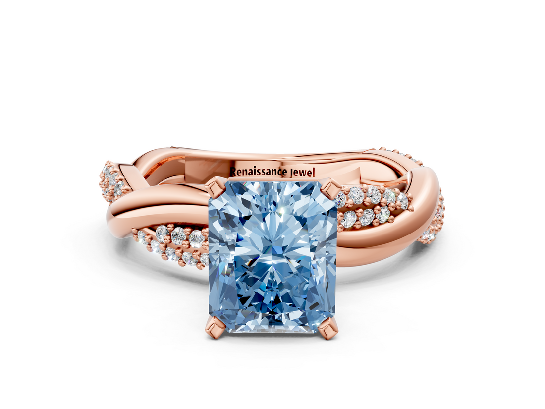 Rose gold Fancy Blue Radiant  Solitaire Twist Band with Pave Prong Setting_43