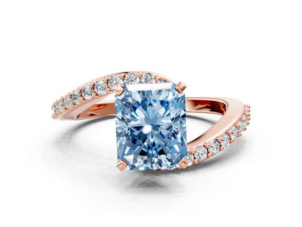 Rose gold Fancy Blue Radiant  Solitaire Twist Band with Pave Set Diamonds and Four-Prong Setting