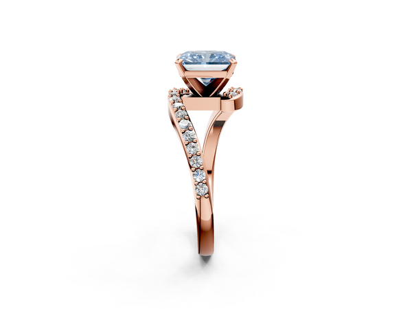 Rose gold Fancy Blue Radiant  Solitaire Twist Band with Pave Set Diamonds and Four-Prong Setting