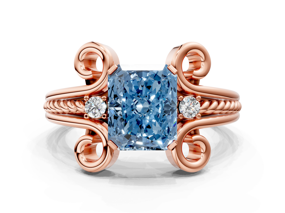 Rose gold Fancy Blue Radiant  Solitaire Twisted Band Scroll Prong Ring_3