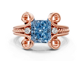 Rose gold Fancy Blue Radiant  Solitaire Twisted Band Scroll Prong Ring_3