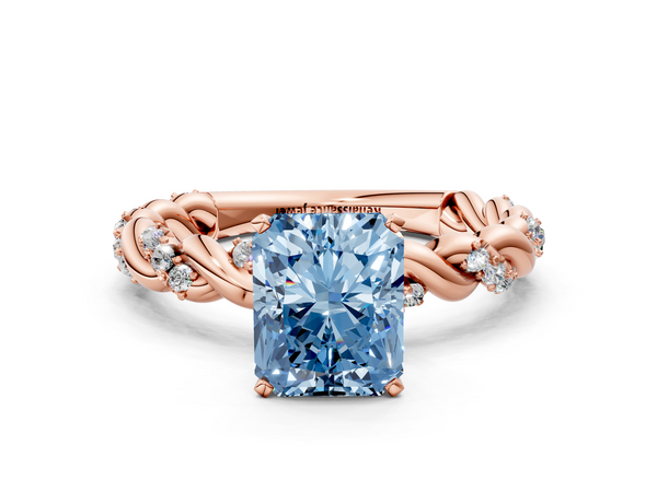 Rose gold Fancy Blue Radiant Cut Diamond Solitaire Ring with Twisted Band and Pavé Accents