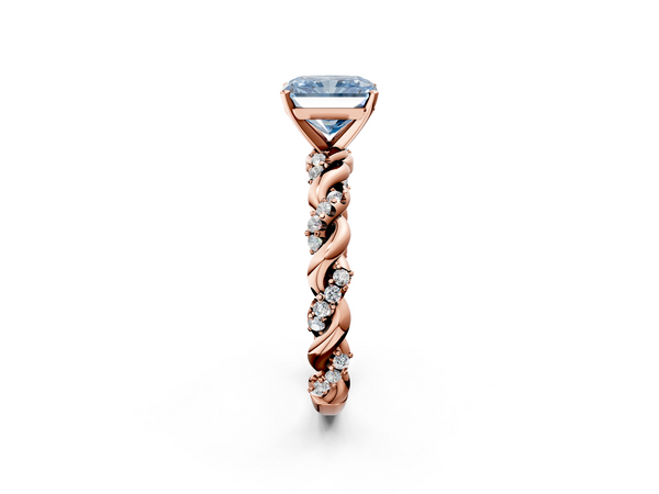 Rose gold Fancy Blue Radiant Cut Diamond Solitaire Ring with Twisted Band and Pavé Accents