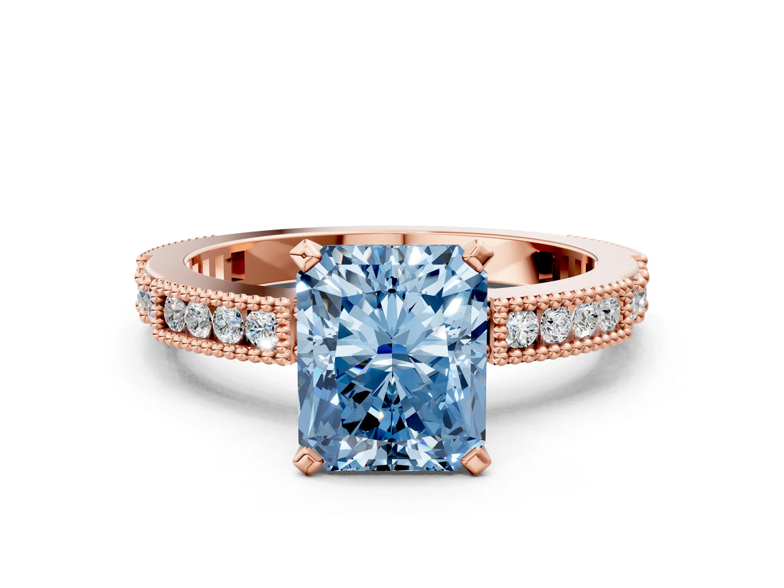 Rose gold Fancy Blue Radiant  Solitaire with Pavé Band and Four-Prong Setting_300