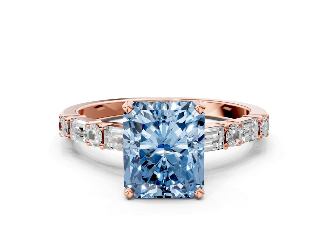 Rose gold Fancy Blue Radiant  Solitaire with Side Baguettes and Channel Set Band_63