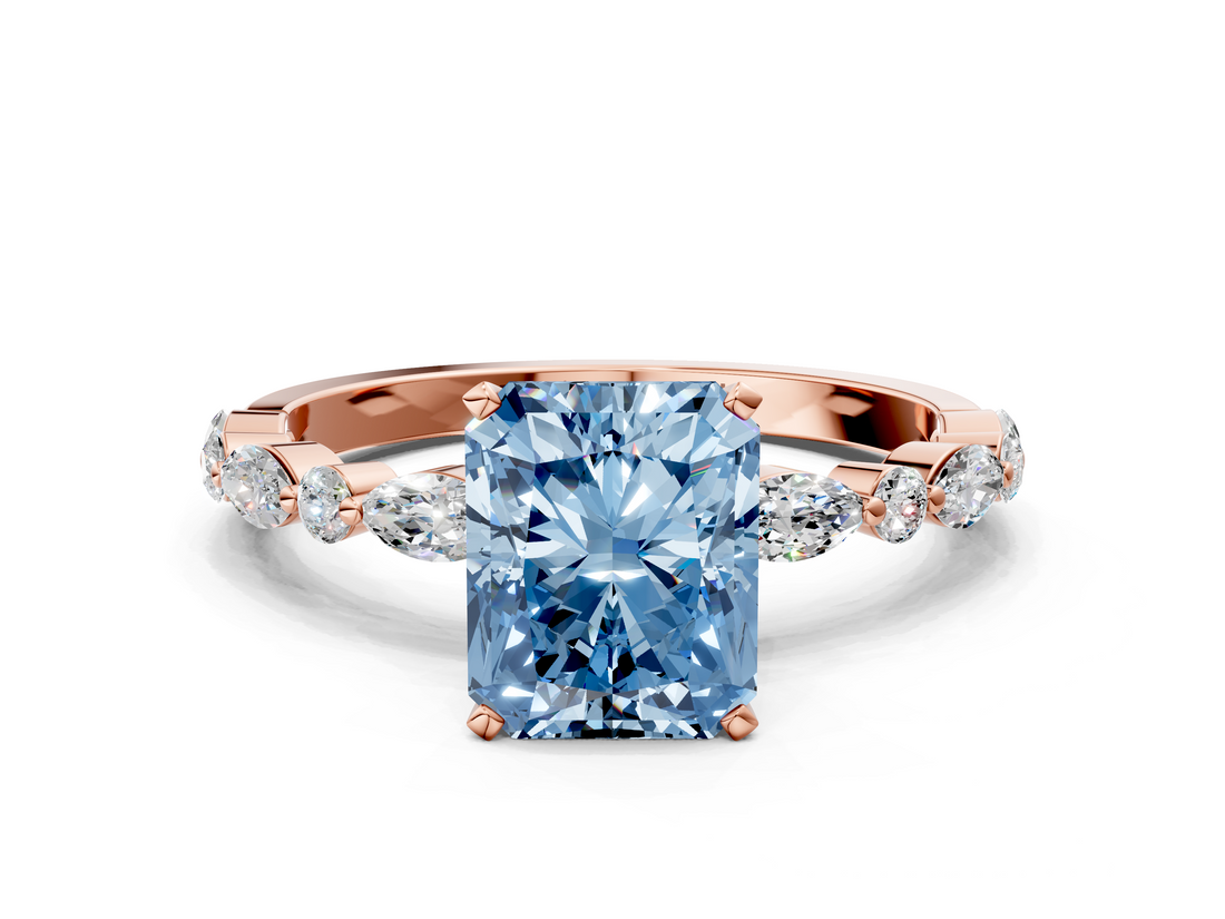 Rose gold Fancy Blue Radiant  Solitaire with Side Stones on a Pavé Band and Four-Prong Setting_23