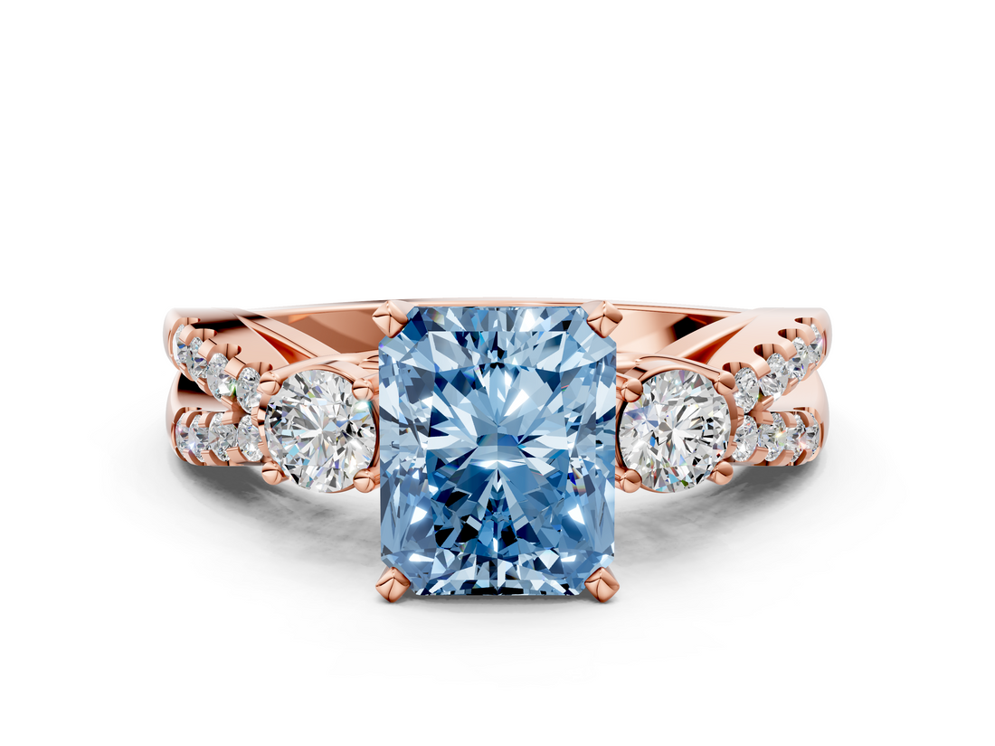 Rose gold Fancy Blue Radiant  Three-Stone Diamond Ring with Pavé Split Shank and Four-Prong Setting_45