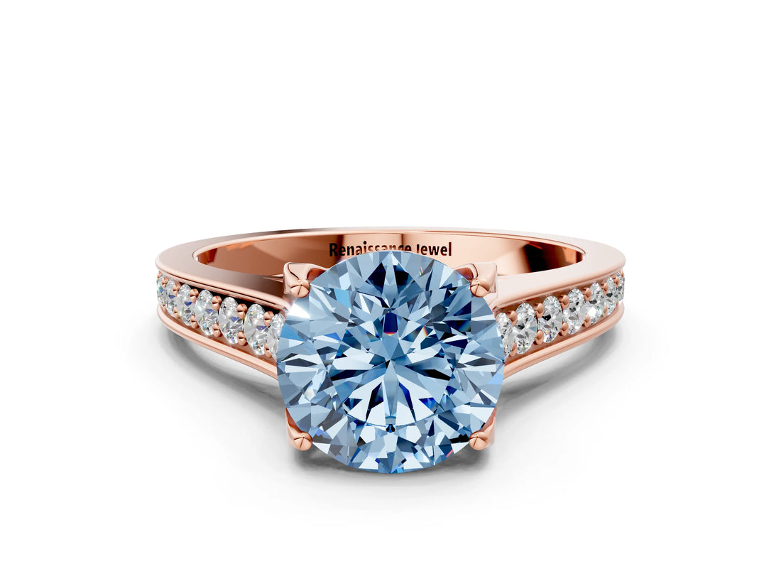 Rose gold Fancy Blue Round  Brilliant Cut Diamond Engagement Ring with Pavé Band and Four-Prong Setting_48