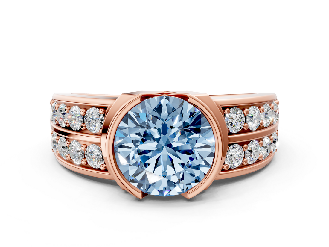 Rose gold Fancy Blue Round  Brilliant Diamond Channel Set Wide Band Ring with Bezel Setting_20