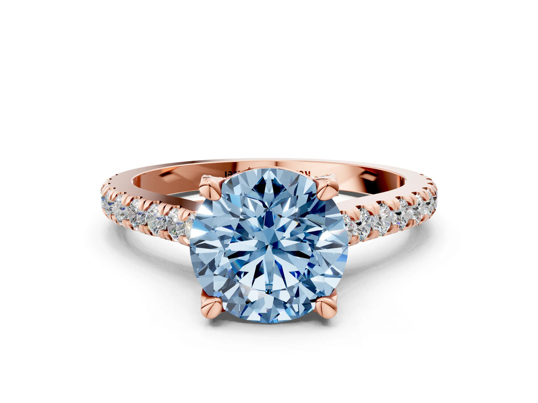 Rose gold Fancy Blue Round  Brilliant Diamond Solitaire with Pavé Band and Four-Prong Setting 1