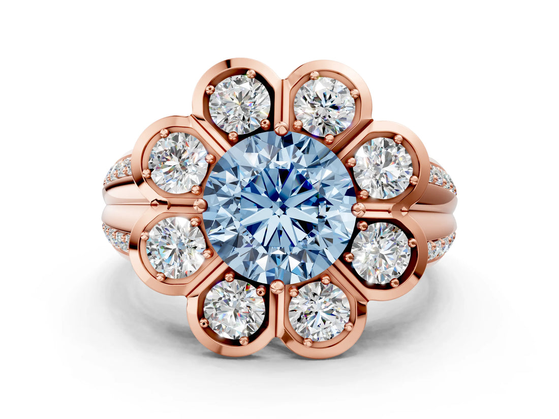 Rose gold Fancy Blue Round  Brilliant Flower Halo Diamond Split Shank Ring_74