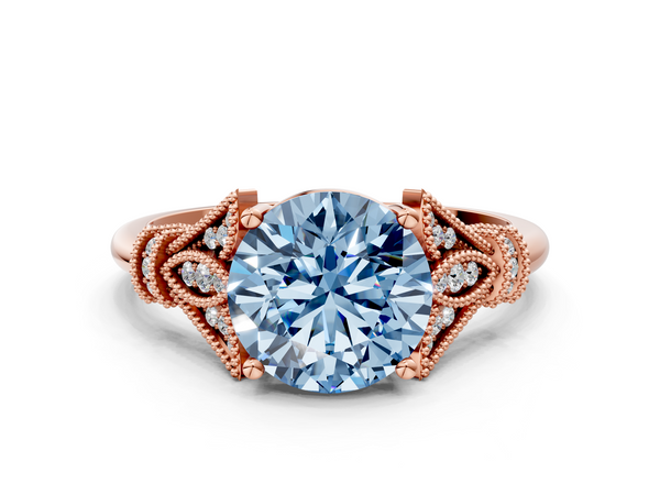 Rose gold Fancy Blue Round  Diamond Solitaire Ring with Floral Filigree and Pave Accents