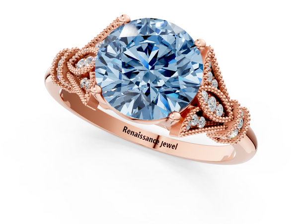 Rose gold Fancy Blue Round  Diamond Solitaire Ring with Floral Filigree and Pave Accents