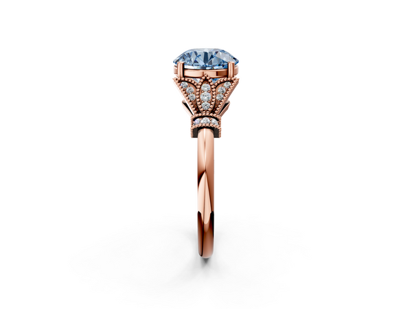 Rose gold Fancy Blue Round  Diamond Solitaire Ring with Floral Filigree and Pave Accents