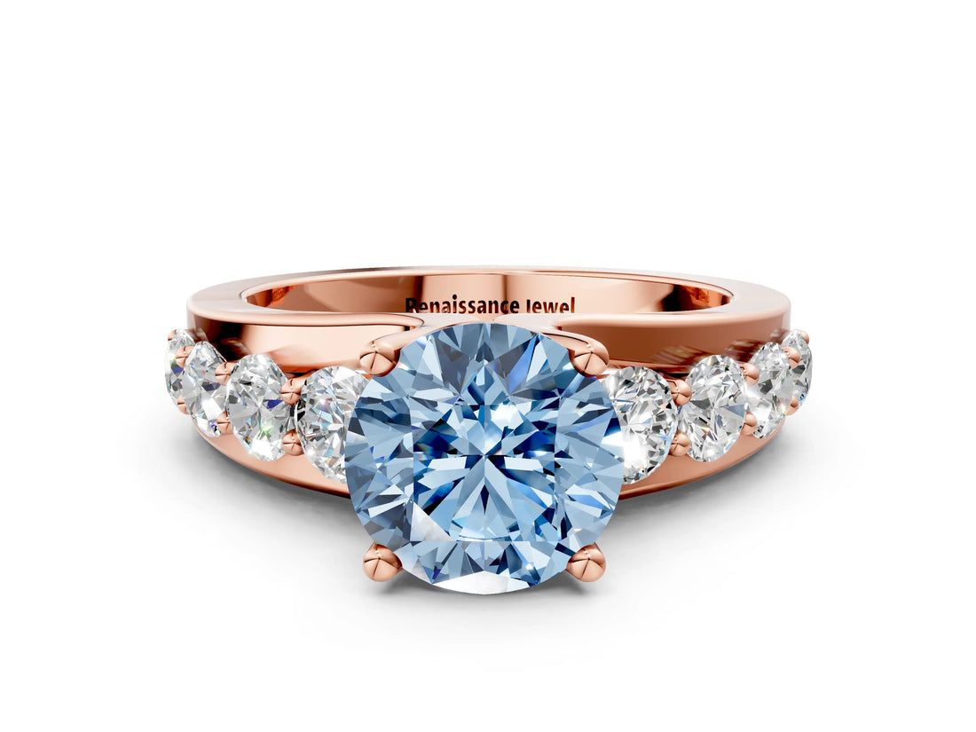 Rose gold Fancy Blue Round  Brilliant Solitaire with Side Stones on a Pave Band and Four-Prong Setting_12