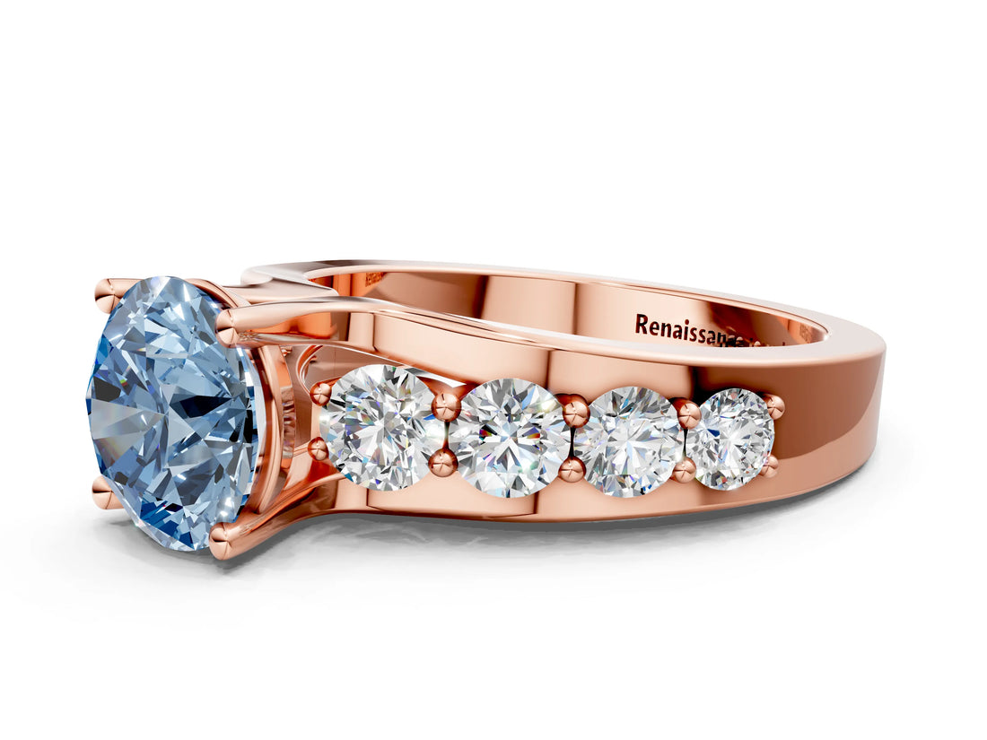 Rose gold Fancy Blue Round  Brilliant Solitaire with Side Stones on a Pave Band and Four-Prong Setting_90