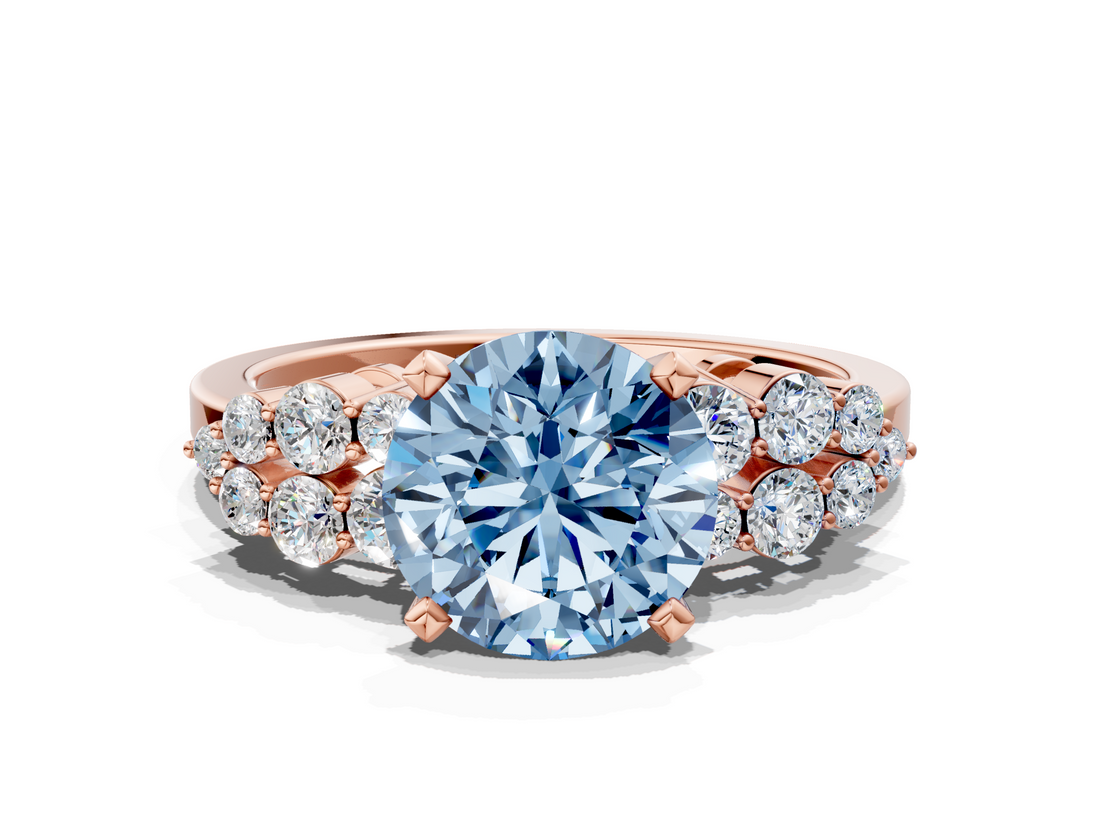 Rose gold Fancy Blue Round  Cluster Diamond Engagement Ring with Pavé Band and Four-Prong Setting_32