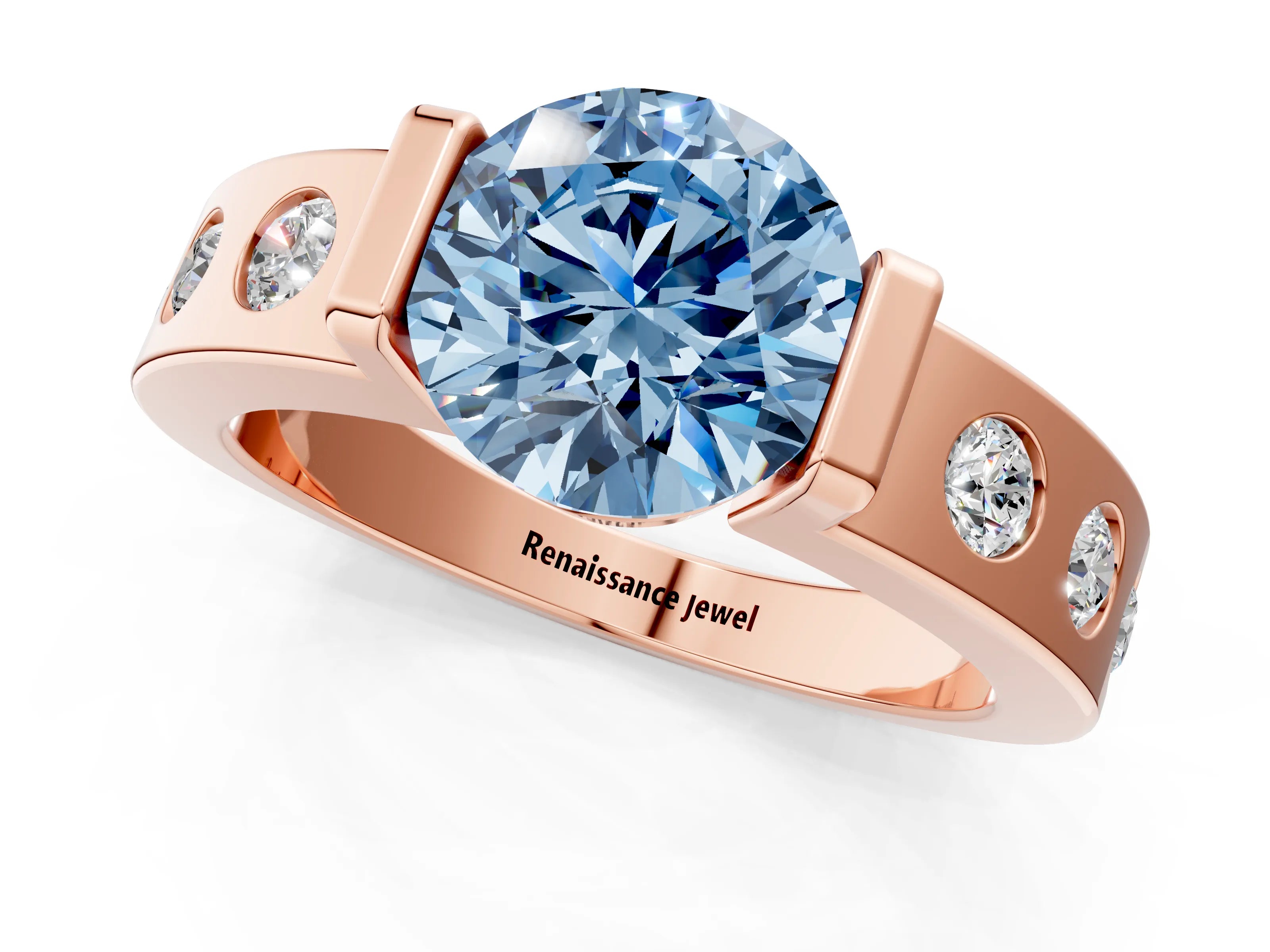Rose gold Fancy Blue Round Cut Brilliant Channel-Set Diamond Ring with Bezel Prong Setting_1