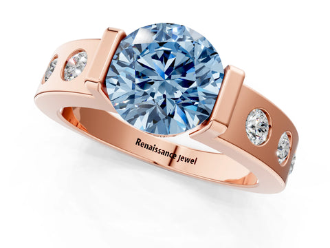 Rose gold Fancy Blue Round Cut Brilliant Channel-Set Diamond Ring with Bezel Prong Setting_1